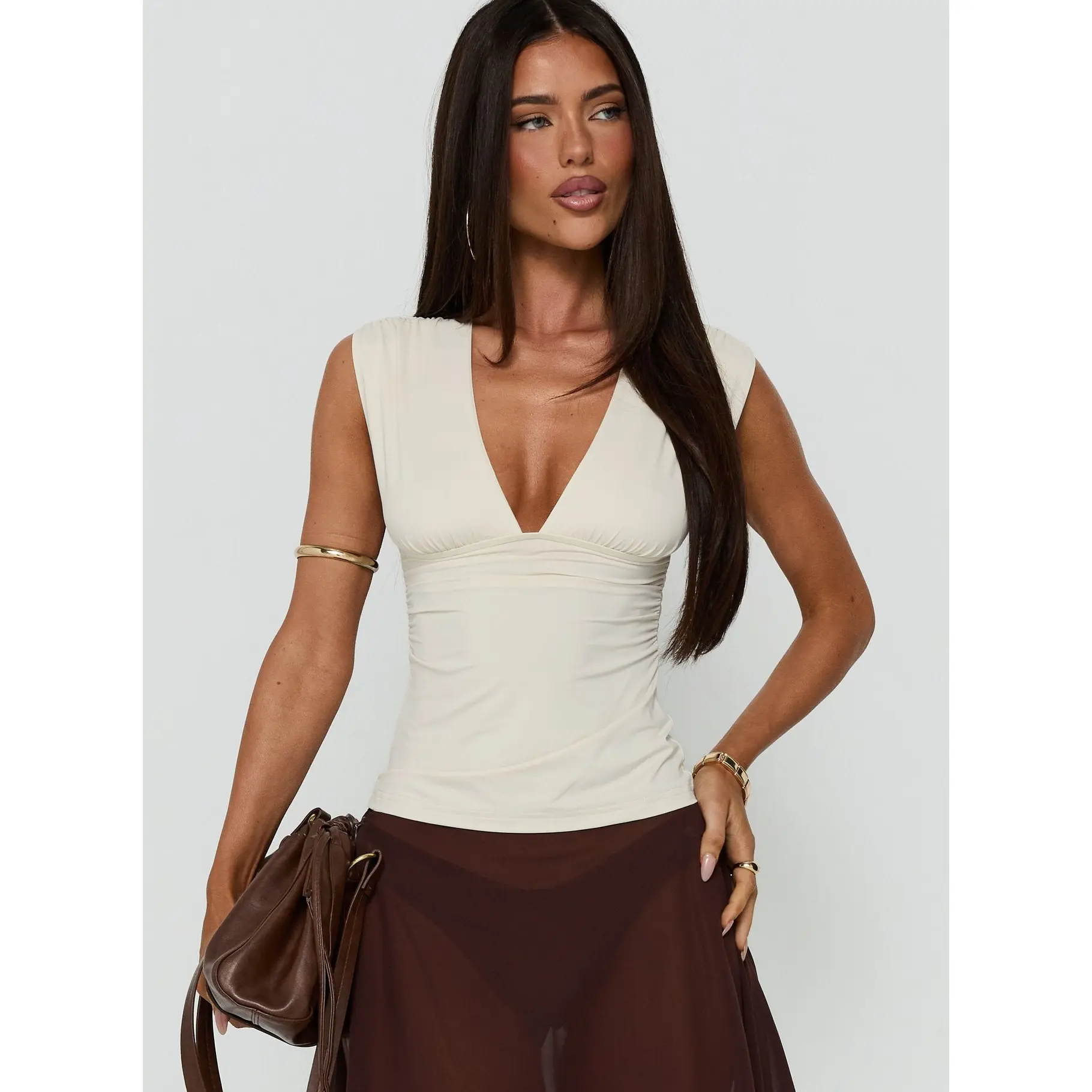 Liorah Thick Strap Plunge Neck Top Cream