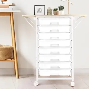 Rolling Cart with Drawers,Craft Cabinet with 8 Drawers and Wooden Tabletop,Cart with Foldable dual side panels & Wheels for Classroom,Bedroom,,Dorm,Office,,White