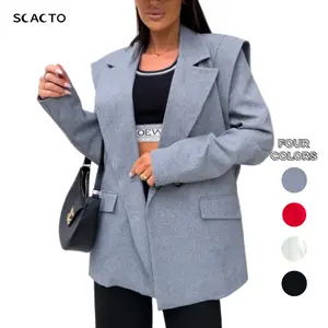 Scacto Women's Minimalist Fitted Polyester Blazer Coat, Chic Style Solid Color Clothes with Notched Collar, Pocket, Long Sleeves, Soft Breathable Wrinkle-Resistant Fabric for Daily Wear, Office (Grey)