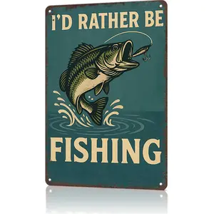 "I'd Rather Be Fishing" Retro Fishing Metal Sign - 8x12 aluminum outdoor decor for cabins, garages, or TikTok fishing reels! Vintage green-and-beige design with a bass fish, perfect for viral fishing content and gift unboxings for fishing enthusiasts