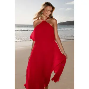 Gia Pleated Halterneck Maxi Dress - Red