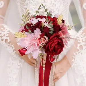 Wedding Bouquets For Bride And Bridesmaid, White Champagne Hand Bouquet, Artificial Floral Arrangement For Church Decoration