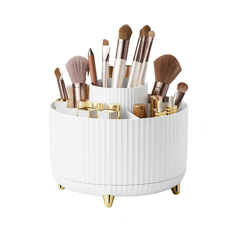 A 360 degree rotating cosmetics storage box - cosmetics storage box, display box with 5 compartments - multifunctional brush, lipstick, skin care and stationery storage box - durable and odorless luxury stripe design desktop storage box Organiser White