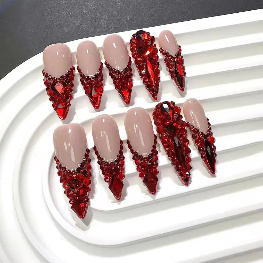 10pcs high-end The red series is full of diamonds handmade coffin tips fake nails, Decorative nails, Dramatic Handmade Nails, Luxurious and dazzling red nail Stiletto Nails