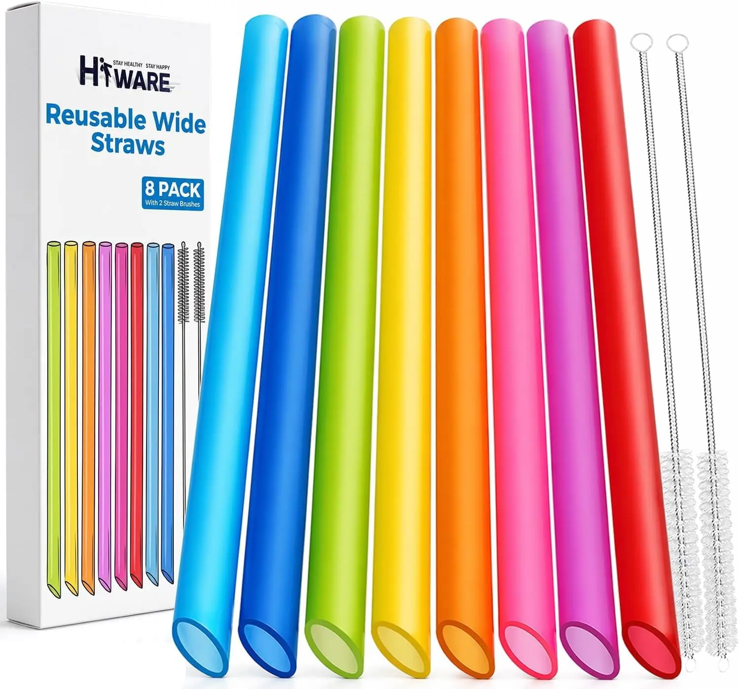 8 Pcs Reusable Jumbo Wide Boba Straws & Smoothie Straws, Multi Colors Reusable Straw, BPA FREE Food-Grade Tritan Plastic Straw for Bubble Tea(Tapioca Boba Pearls) Milkshakes w/ 2 Brushes
