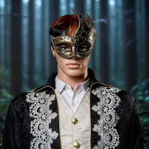 1pc Elegant Venetian Half-Face Mask - Black & Golden, Durable Plastic, Intricate Design, Traditional Masquerade Accessory for Carnival, Halloween, Accessories