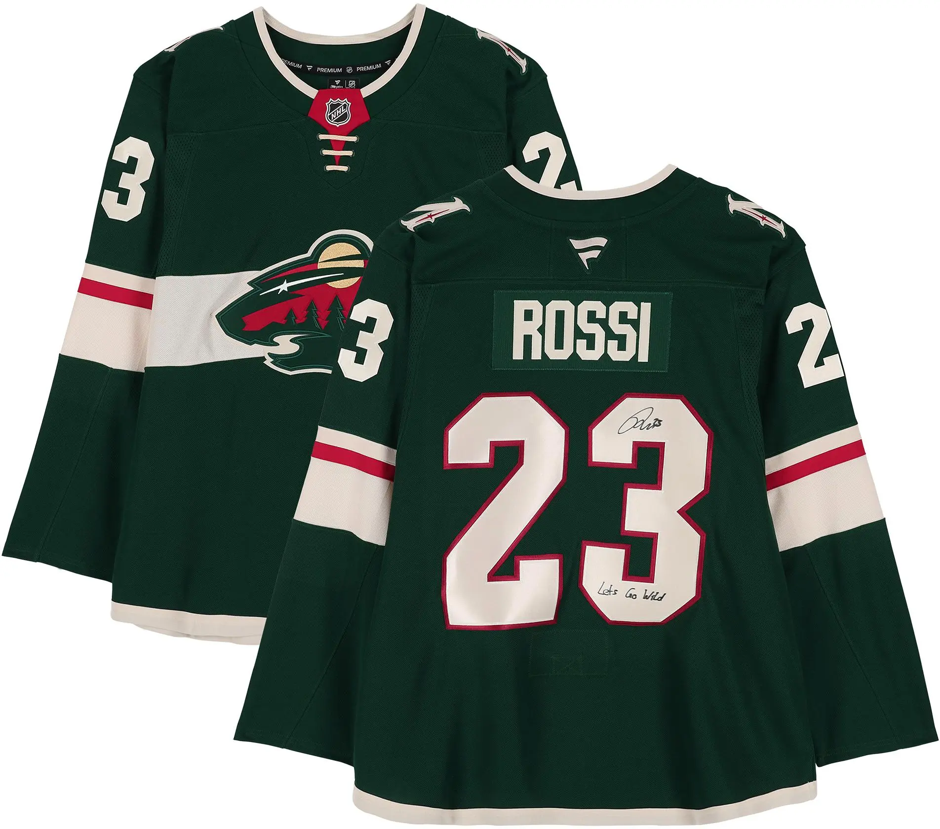 Marco Rossi Minnesota Wild Autographed Green Fanatics Premium Jersey with "Lets Go Wild" Inscription - Fanatics Authentic Certified