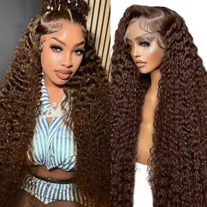 Deep Wave Lace Front Wigs Pre Plucked Density 26 Inch 13x6 HD Dark Brown Curly Frontal Wigs Heat Resistant Synthetic Fiber Human Hair Chocolate Brown Deep Wavy Glueless Wig for Women202