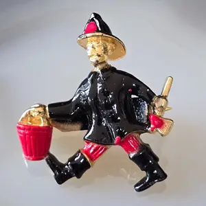 Vintage Enameled Gold Tone Mid-Century Fireman with Bucket & Fire Fighter Ax Brooch Firefighter Themed Pin