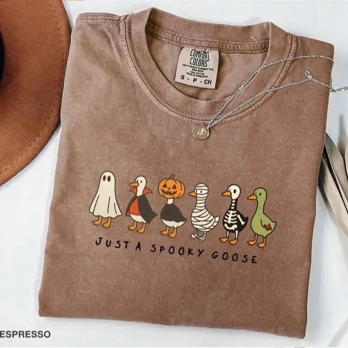 Comfort Colors Just a Spooky Goose T-Shirt, Funny Halloween Goose Costume Graphic Tee for Women, Cute Duck Ghost Shirt, Silly Fall Spooky Gift