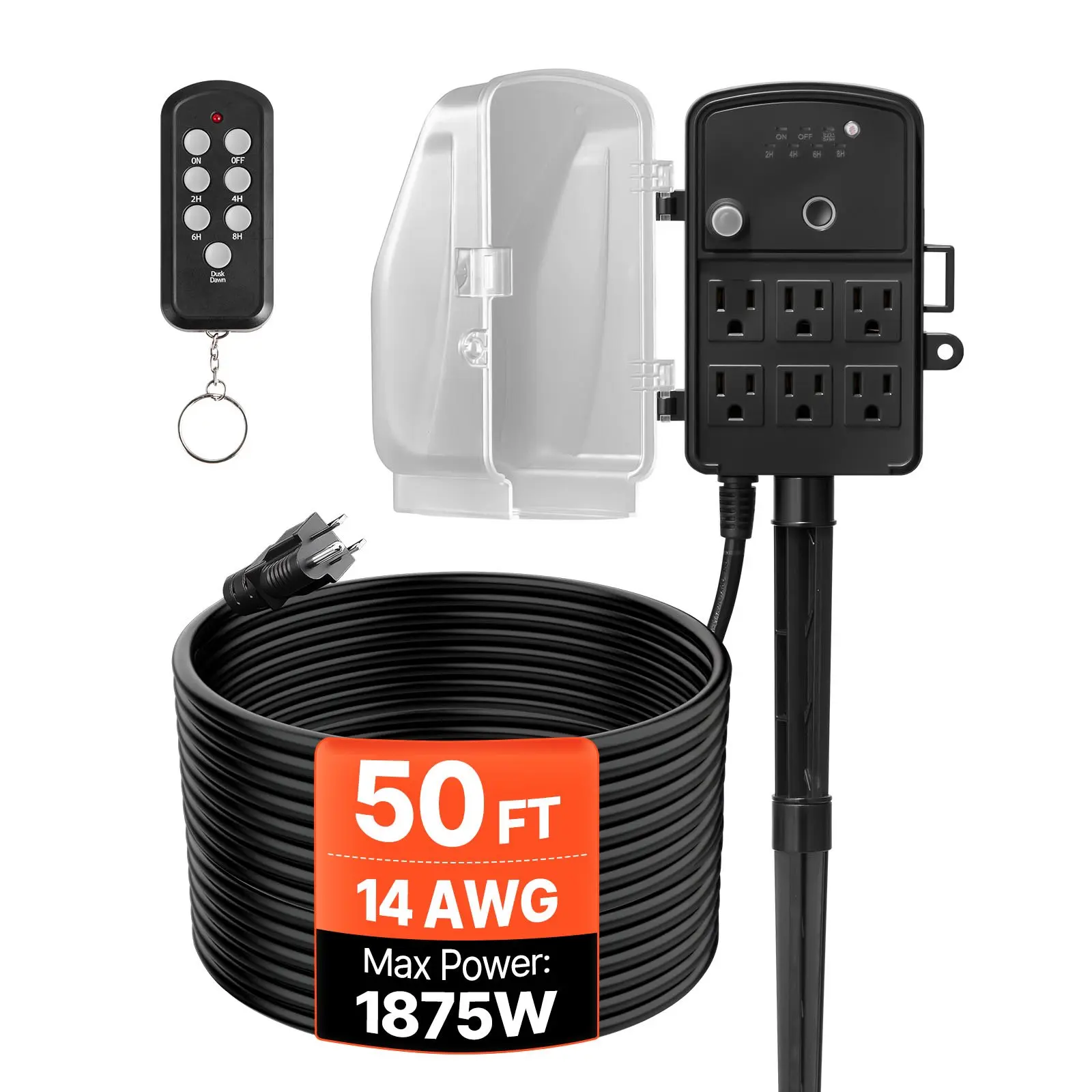 【Summerfinds】VEVOR Outdoor Waterproof Power Stake with 50ft 3-Core Grounded 125V 60Hz 1875W/15A Extension Cord, 6-Outlet Strip (Multiple Plugs) with Waterproof Cover, Remote Control & 2 Timer Modes, for Holiday Displays, Plug-in Devices, 50Ft Extension Co