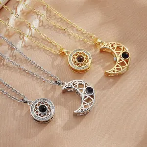 Sun and Moon Projection Couple Necklace for Women and Men Titanium Steel Diamond Inlay 51cm-80cm Comfortable Fit Fashion OL Accessory
