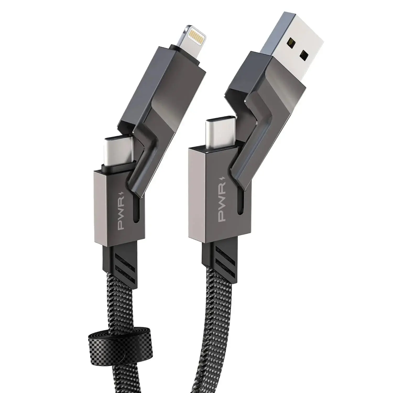 PWRMOBILE 4-in-1 Fast Charging Cable 65W USB-C Lightning USB-A Nylon Braided iPhone Samsung CarPlay Android Auto Data Transfer Flat Cable Tangle Free Multi Charger Cable iPhone 15 14 13