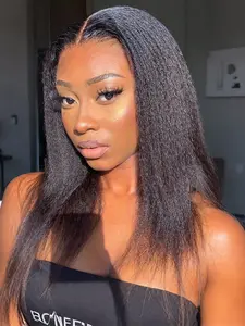Kinky Straight Wig for Women 14 Inch Yaki Synthetic Wig Soft Fluffy Highlight Density Full Straight Hair Wigs Middle Part