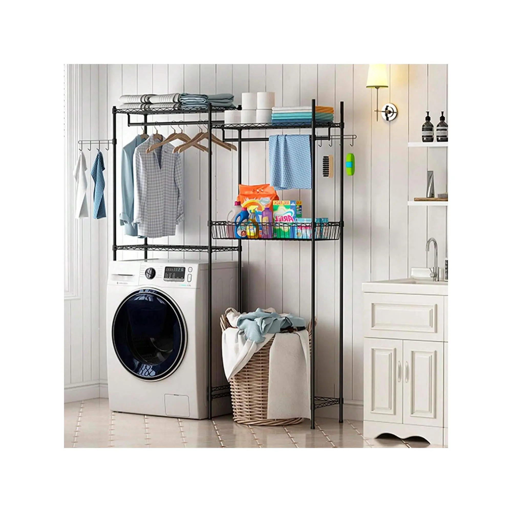Laundry Room Clothes Drying Rack, Over The Washer And Dryer Storage Shelf, Clothes Drying Rack With Laundry Hamper And Hooks, Bathroom Space Saving Shelf, 57.4" W X 75" H X 13" D