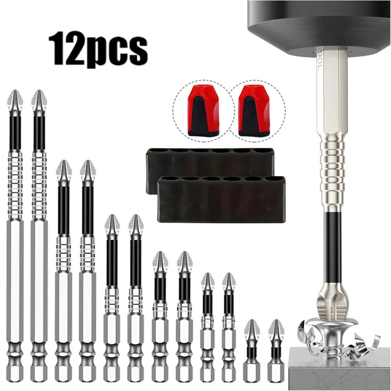 12Pcs Magnetic Drill Bit Set, Phillips Screwdriver Bit Set with 2 Magnetic Rings & Bit Holders, 1/4" Hex Shank Torsion Impact Driver Bits, Quick Release Power Tool Accessories for Car Repair