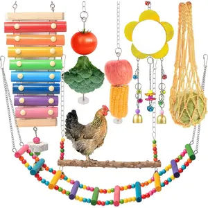 Chicken Toys for Coop 7 count,  Chicken Xylophone, Swing Set, Mirror , Flexible Ladder, Vegetable String Bag and Hanging Feeder