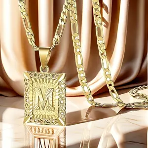 14K Gold Plated Letter Necklace Square Frame Exquisite Details A-Z Pendant Figaro Chain Unisex Hypoallergenic Halloween Gift Lead-Free Nickel-Free Cadmium-Free
