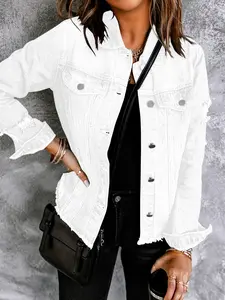 Women's Casual Denim Jacket – Button-Up, Distressed Design, Streetwear & Everyday Essential Womenswear Coats Tops Outerwear Collared Long Sleeve Fitted