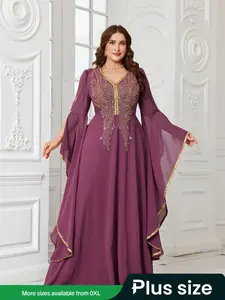 Elegant Plus Size V Neck Sequined Chiffon Long Sleeve Bodycon Formal Evening Dress, Slim Fit Maxi Gown for Special Occasions