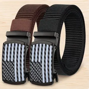 Men's Nylon Ratchet Belt - Adjustable Webbing Belt - Automatic Sliding Buckle with American Flag, Ideal for Casual Wear, Golf, and Work