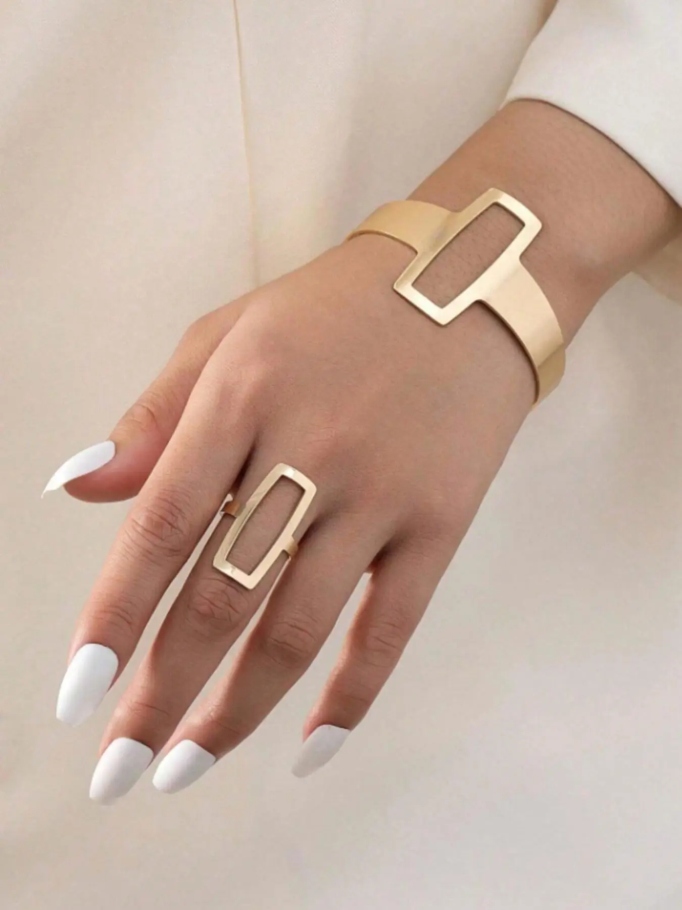 Fashion Simple Geometric Square Design Jewelry Set, Hollow Out Ring & Bracelet, Fashion Jewelry for Party, Daily Clothing Decor, Trendy All-match & Ex