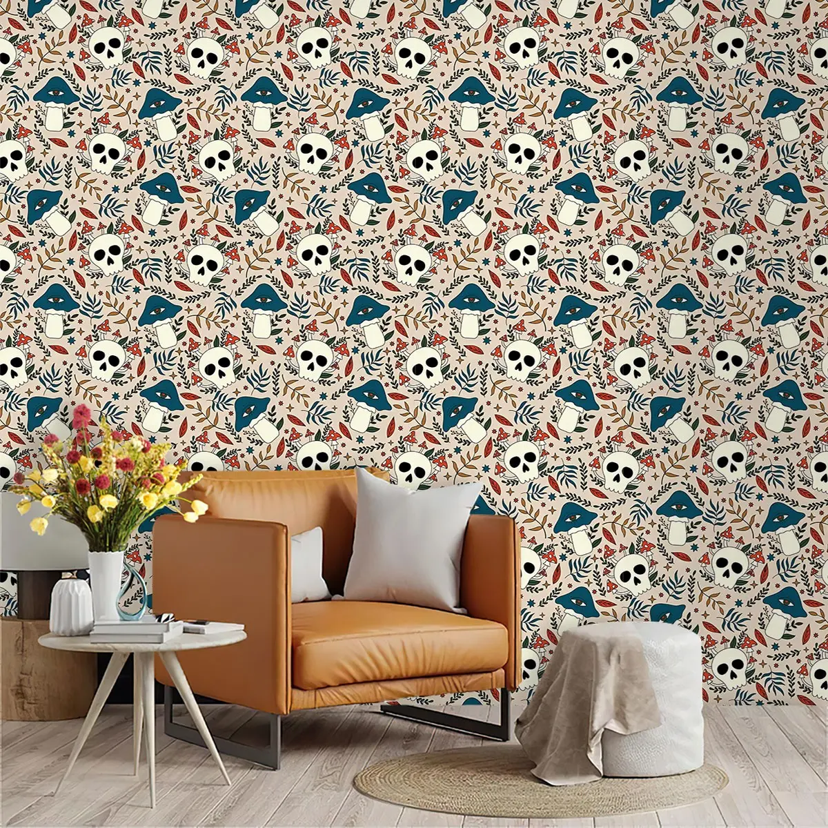 Halloween Theme Cartoon Skull Mushroom Wallpaper, PVC Self-Adhesive, Universal Use, Kitchen/living Room/bedroom Decor, Patchwork Design