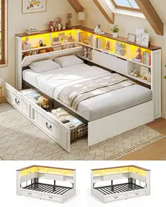 AOGLLATI Twin Corner Bed Frame with Storage Drawers and Bookcase Hidden Headboard Farmhouse Wood Daybed with Charging Station and Led Lights