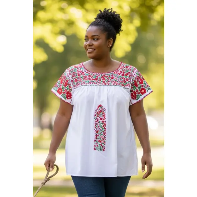 San Antonino Mexican Gala Blouse with Silk Embroidery White