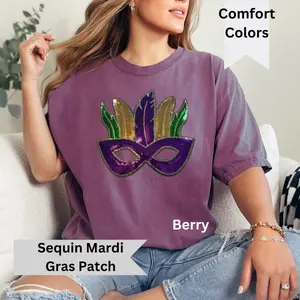 Sequined Mardi Gras Comfort Color T-shirt,  Light Weigh Sequin Patch shirt
