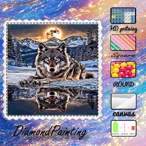 DIY 5D Flocking Fabric Diamond Painting Handmade Kit, DIY Kits, AB Diamonds, Crystal Diamonds, Wolf, Moon, Mountain Diamond Embroidery Design, Diamond Art Kit, Wall Decoration, Handmade Gifts, Crafts