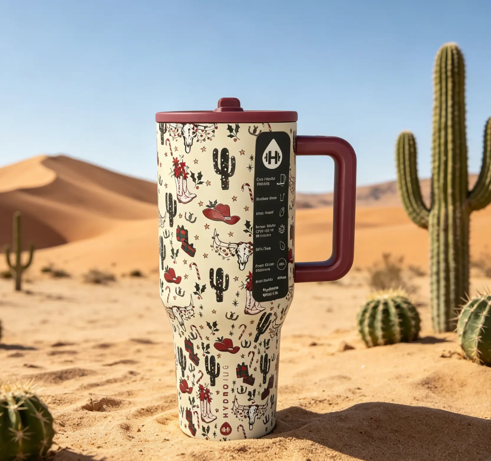 HydroJug Rodeo 40oz Red Western Desert Cactus Print Limited Edition Insulated Stainless Steel Water Bottle, 1,000-2,000 ml Capacity, Triple Insulation, Leak-Proof, Portable Flask for Daily Hydration, Travelers’ Drinkware