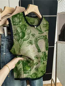 1 piece + Spring and summer back-to-school casual style loose round-neck sleeveless woolen knitted top with dark blue trim and green background print, Printed Sleeveless Loose, women's outerwear, paired with a vest, worn alone