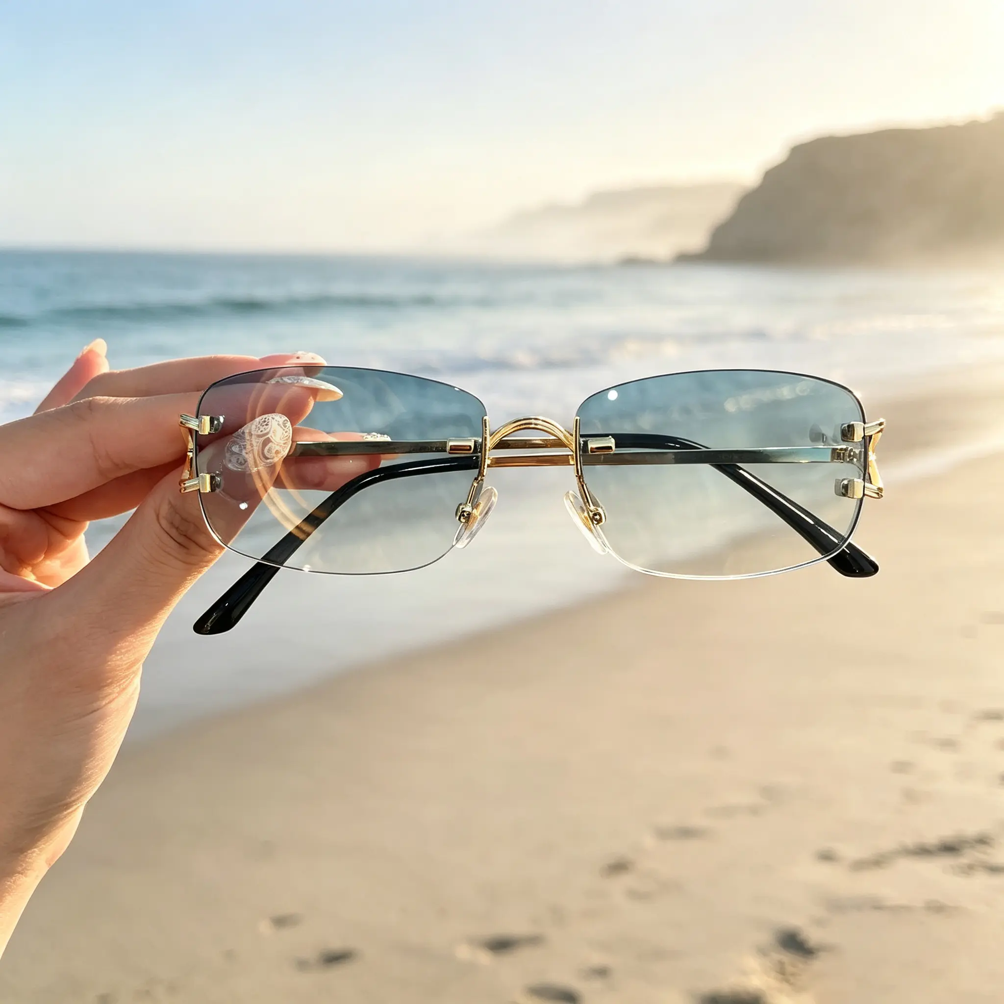 Women's Y2K Rimless Rectangle Sunglasses - Thin Polished Gold Metal Frame, Gradient Light Blue Lenses, Curved Link Temples, UV400 Protection, Street Fashion Shades