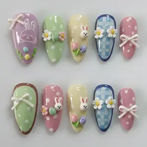 Handmade Easter Press On Nails, 3D Bunny & Pastel Egg Art, Cute Spring Floral Design, Nails For Sweet Kawaii Vibes