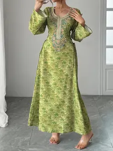 Women's Embroidery Long Sleeve Dress, Modest Long Dress, Muslim Dress for Holiday Vacation Daily Wear, Ladies Islamic Clothing for All Seasons