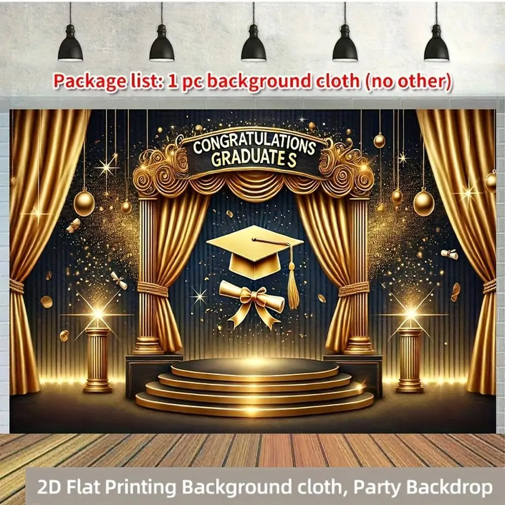 1pc 2D Flat Golden Graduation Stage Polyester Photography Backdrop, Party Banner Flag for Birthdays and Celebrations – Perfect Home, Garden, Yard Anniversary Decorations & Photo Booth Props, Multi