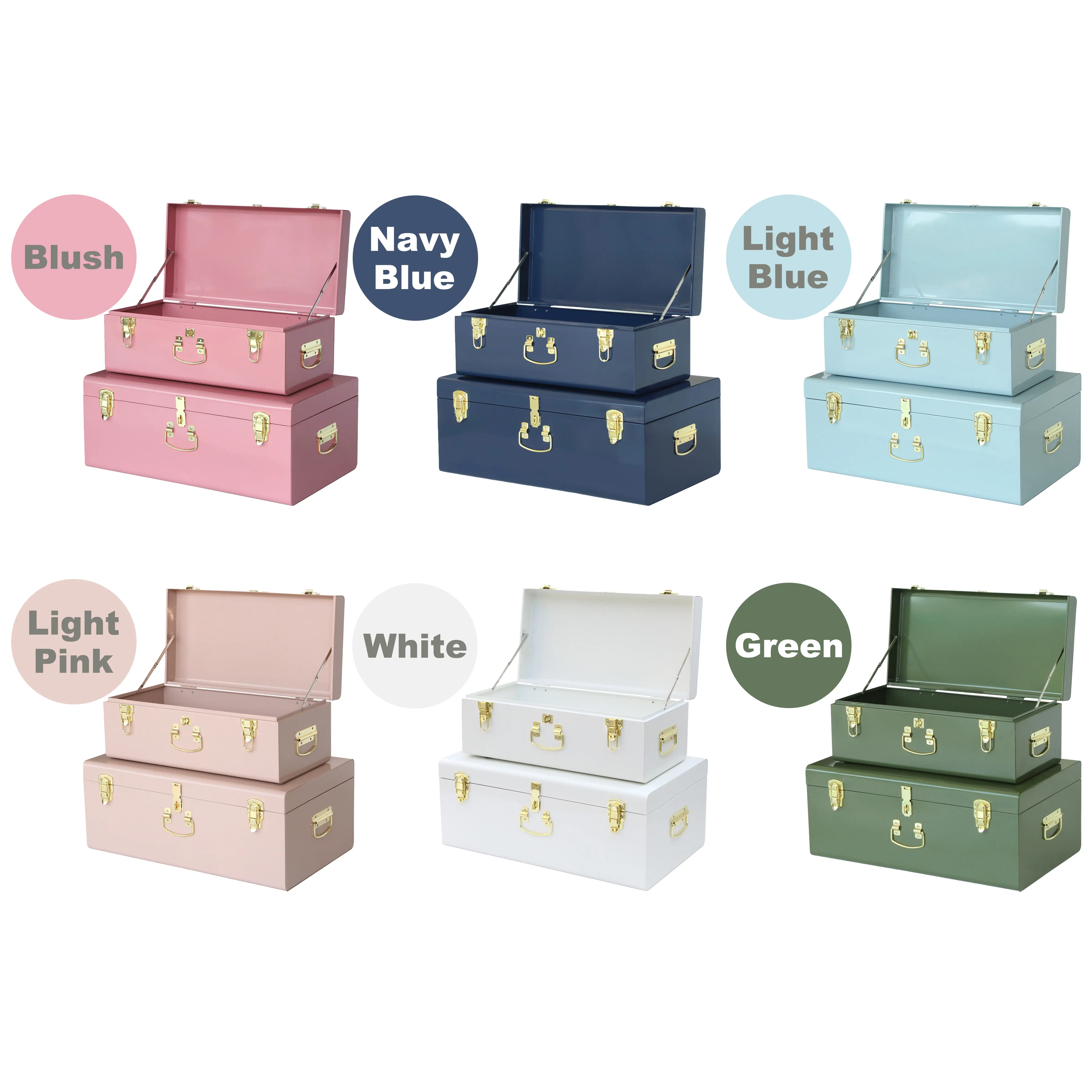 Set of 2 Keepsake Storage Trunks - Lockable Metal Memorabilia Box  for Precious Items Gifts Wedding DIY Home Decor Organiser Light Pink