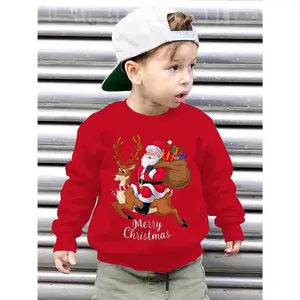 Cozy Santa Claus & Reindeer Print Sweatshirt, Festive Christmas Design, Soft Polyester, Round Neck Long Sleeve, Warm & Comfortable for Boys and Girls, Perfect for Autumn and Winter