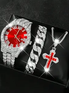 Men's Stainless Steel Watch Band Set with Rhinestone Dial, Business Style Quartz Watch + Necklace, Watch Bracelet, Perfect for Daily Wear & Decoration