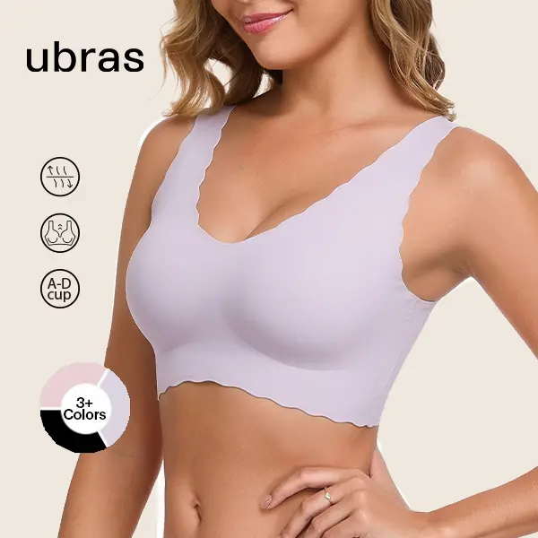 ubras Deep V Seamless Bras for Women Scalloped Wireless Bralette Comfortable Soft Everyday Sleep Bras Smart Size Strap Smooth 3D Shaping Support Breathable Fabric Light Elastic Minimalist Basic Womenswear Nude Vneck
