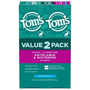 Tom's of Maine Pasta de Dientes Antiplaca y Blanqueadora sin Flúor, Menta, Paquete de 2, 4.5 Oz