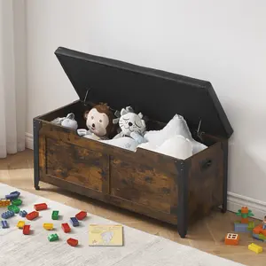39.4" Lift-Top Storage Bench, 300 lbs Load Capacity Wooden Storage Chest with Cushion Seat & Safety Hinges, Industrial Storage Trunk with Metal Frame for Entryway, Bedroom, Living Room