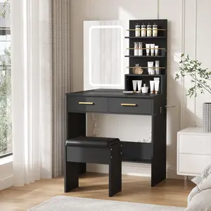 Makeup Vanity Vanity Desk with Mirror and Lights/ 2 Drawers & Open Storage Shelves, Cabinet, 3 Lighting Modes & Adjustable Brightness – Bedroom Dressing Table
