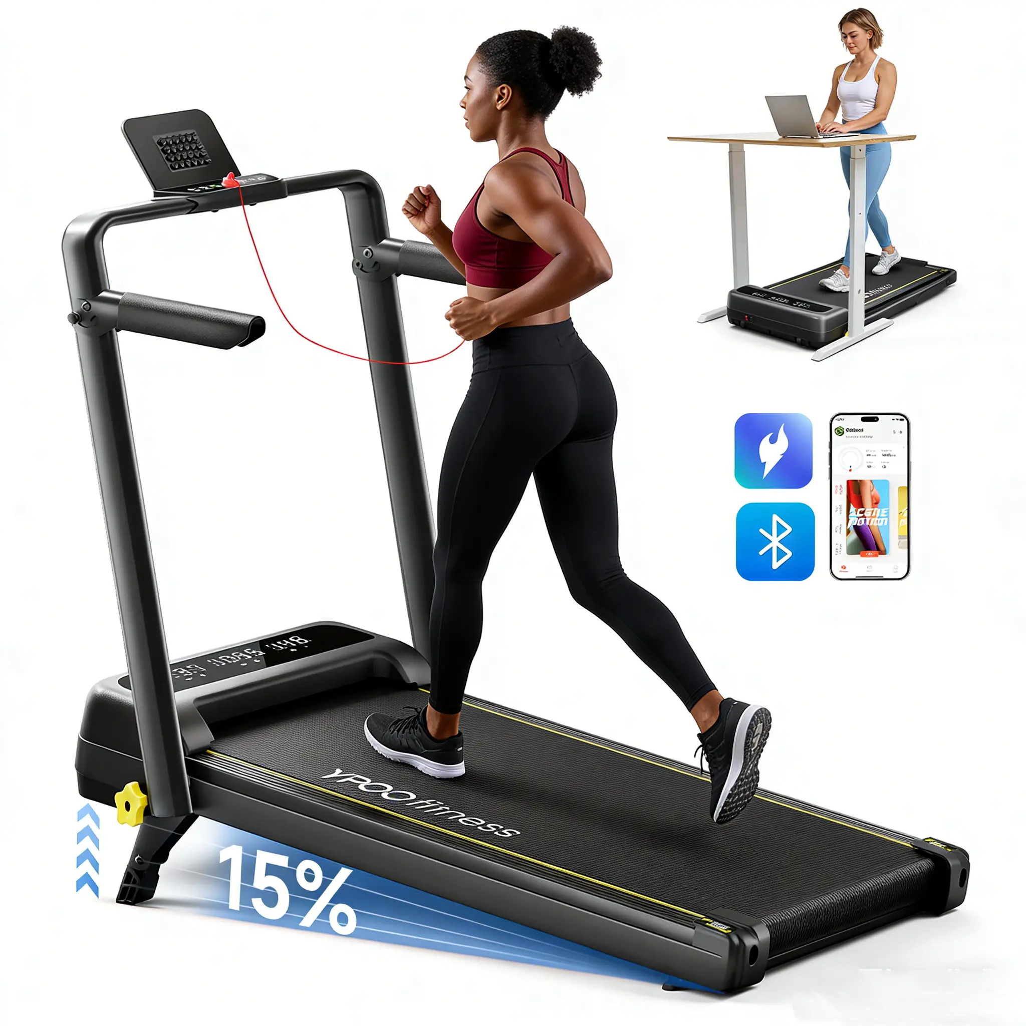 YPOO Compact Fold Treadmill Walking Pad - Portable Under Desk At-Home Incline Folding Treadmill, Manual Incline Adjustment, Colorful Handrail Display, Remote Control, Office Home Fitness Equipment, Walking Pad Treadmills
