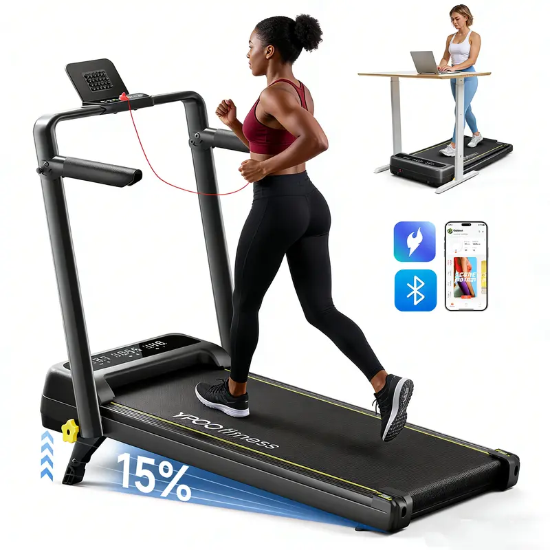 YPOO Compact Fold Treadmill Walking Pad - Portable Under Desk At-Home Incline Folding Treadmill, Manual Incline Adjustment, Colorful Handrail Display, Remote Control, Office Home Fitness Equipment, Walking Pad Treadmills