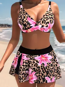 Women's Bikini Two-Piece Set, Gradient Leopard Print 3D Floral Design, V Neck Crossed Gathered Design, High Waist Tummy Control Skirt Pants, Leopard Print Bikinis