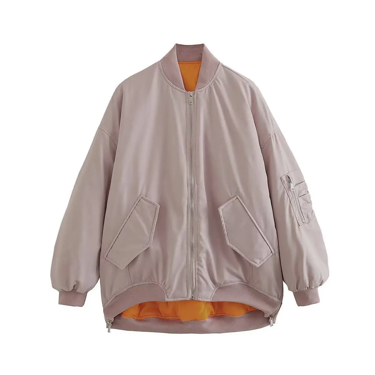 Amelia Jacket Mauve Long Sleeve Casual All Seasons Medium Length with Satin Orange Interior Silver Zipper Accents 100% Polyester