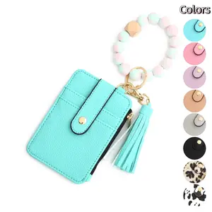 Boho Style Beaded & Tassel Decor Keychain, Fashionable Silicone Beaded Keychain for Women & Girls, Trendy Card Holder Wallet Keychain for Birthday Gift car key ring