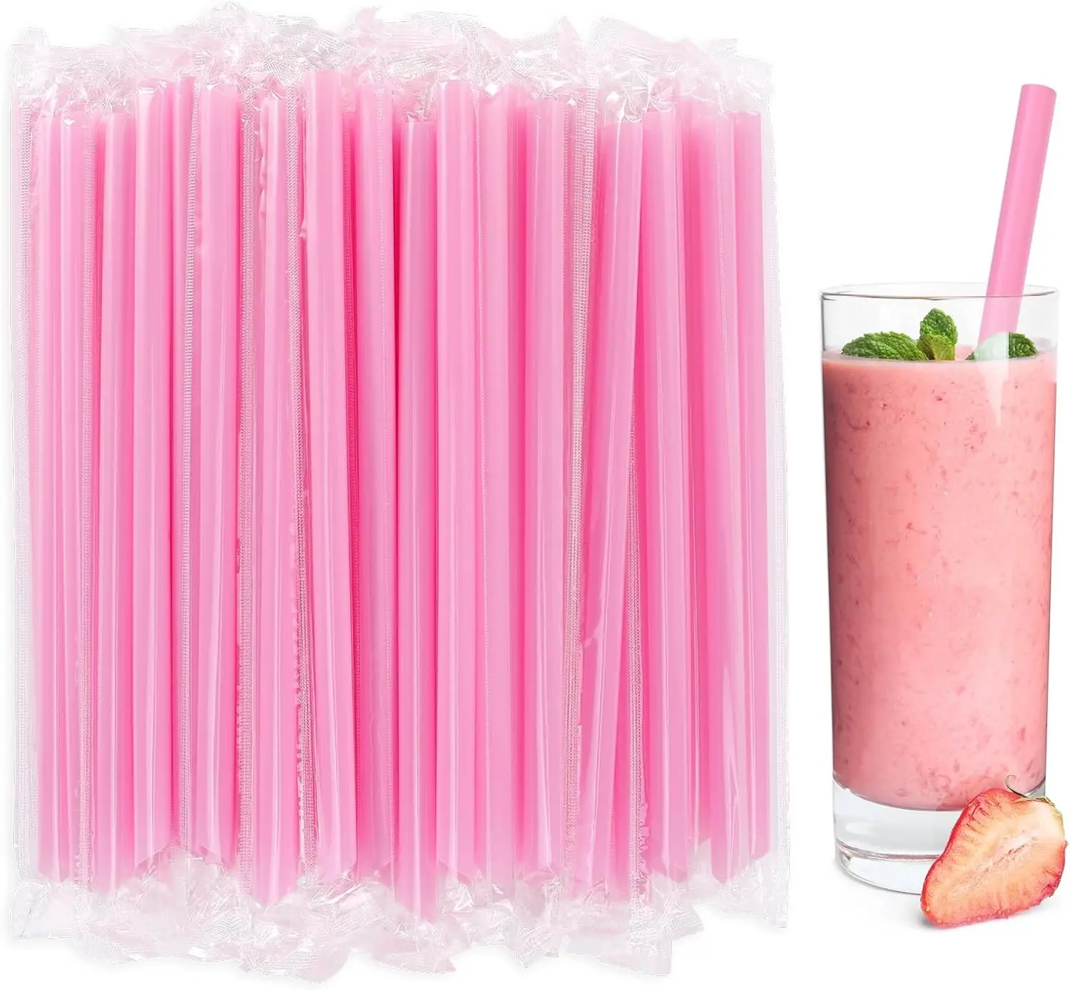 [100 Pcs] Disposable Smoothie Boba Straws, Individually Wrapped Pink Straws | 9.45" Long 0.43" Wide Jumbo Straws, Thick and Cute Party Straws for Milkshake, Lemonade, Bubble Tea, Coffee, Juice, Milk